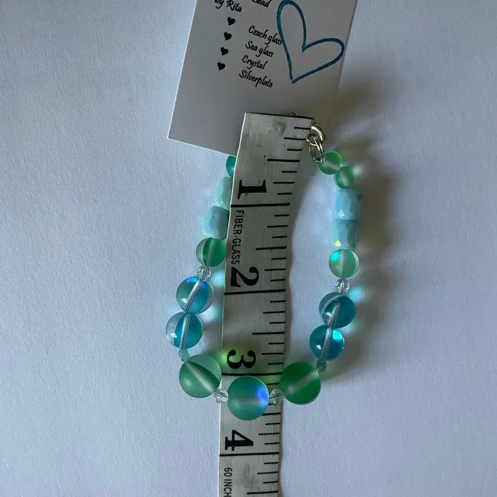 Artisan handmade glass blue bracelet sea Czech crystal glass silver plated‎